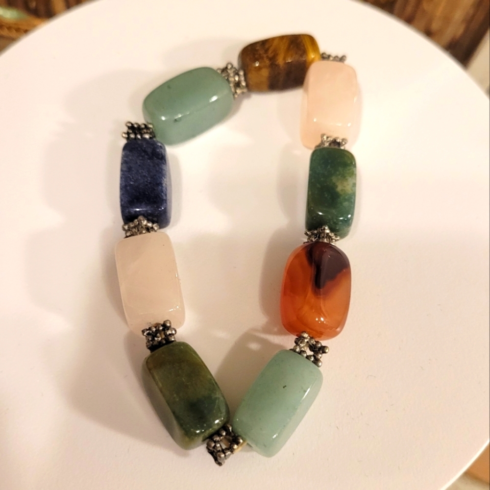 TRUE Vintage Natural Stone Stretch Bracelet W Spacers Tiger Eye Rose Quartz ++